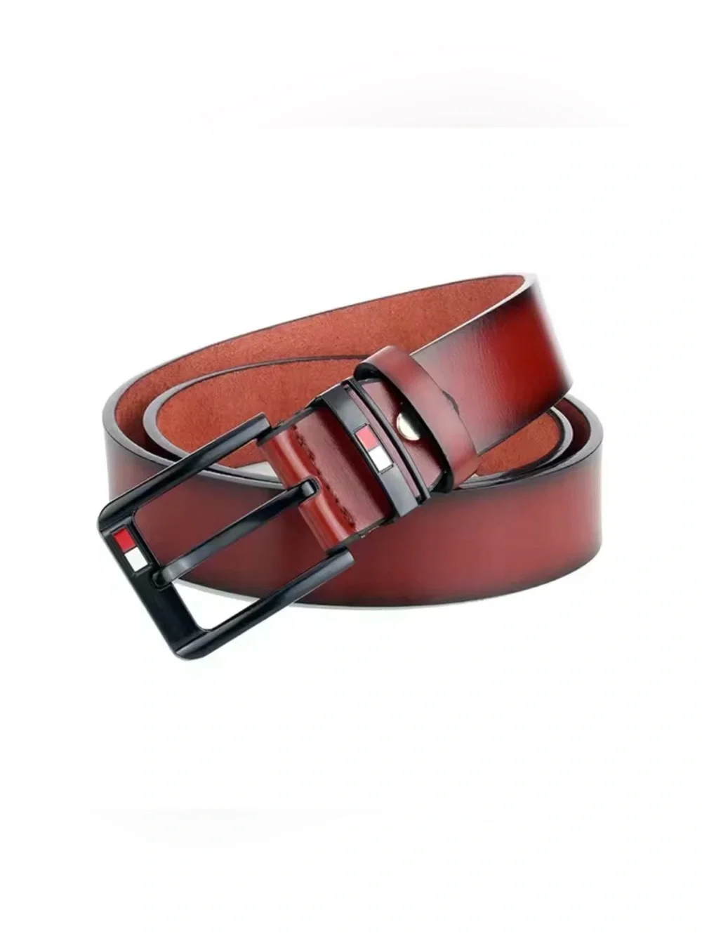 Men's Red Brown PU Leather Dress Belt with Black Buckle